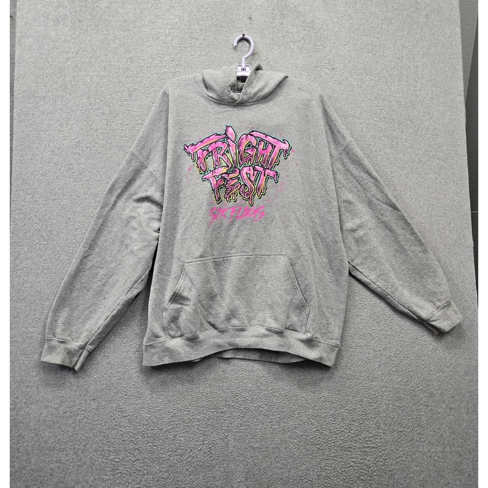 Six Flags Men Hoodie Gray 2XL Fright Fest Clown Logo Graphic Print Fleece READ